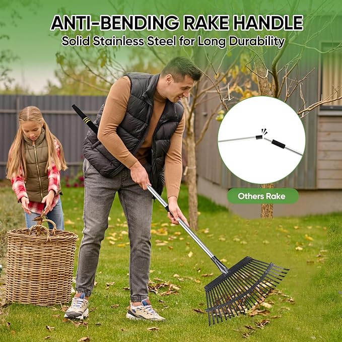 Rake Heavy Duty 6FT Long Garden Rake , 18.5 Inch Wide, 25 Metal Tines, Adjustable Stainless Steel Handle, Leaf Rakes for Leaves, Yards, Grass, Garbage, Weeds, Debris (Black)