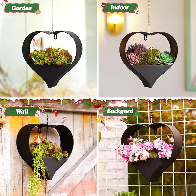 Metal Plant Hangers Indoor and Outdoor: Christmas Birthday Gifts for Women Mom Wife Garden Lovers - Heart Shape Hanging Planters Perfect for Window Wall Living Room Office Decor(Black)