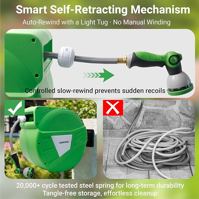 Retractable Garden Hose Reel, 1/2 in x 100 ft, Wall Mount Hose Reel, with 180° Swivel Bracket, Automatic Slow Return System, Any Length Lock for Outside