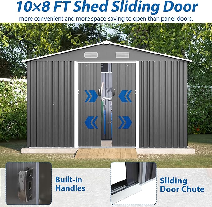 10X8 FT Outdoor Storage Shed W/Lockable Sliding Doors,Metal Shed W/Sloped Roof & Air Vents,All Weather Garden Tool House for Backyard Patio Lawn,Gray