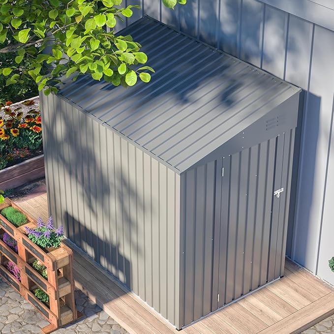 4x7 FT Outdoor Storage Shed,Lean to Lockable Metal Garden Shed Steel with Reinforced Beams,All Weather Waterproof Storage House W/Lockable Door&2 Air Vents,for Backyard,Patio,Lawn,Garden,Gray