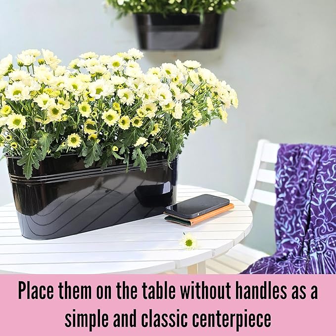 LaLaGreen Outdoor Plants Rail Planter (16 Inch, 2 Pack) Black Metal Iron Hanging Flower Oval Pots Railings Fence Buckets Modern Boho Style Wall Mount Window Boxes Plant Holder Hooks Porch Home Decor