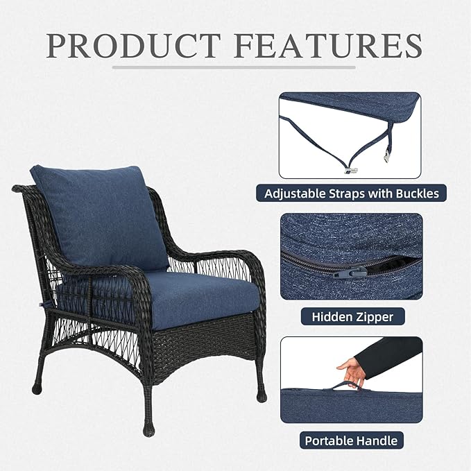 Aoodor 24" x 24" Patio Deep Seat Cushion Set, Water Resistant & Fade Resistant Outdoor Furniture Cushions with Adjustable Straps for Patio, Deck, Garden, Set of 2, Navy Blue