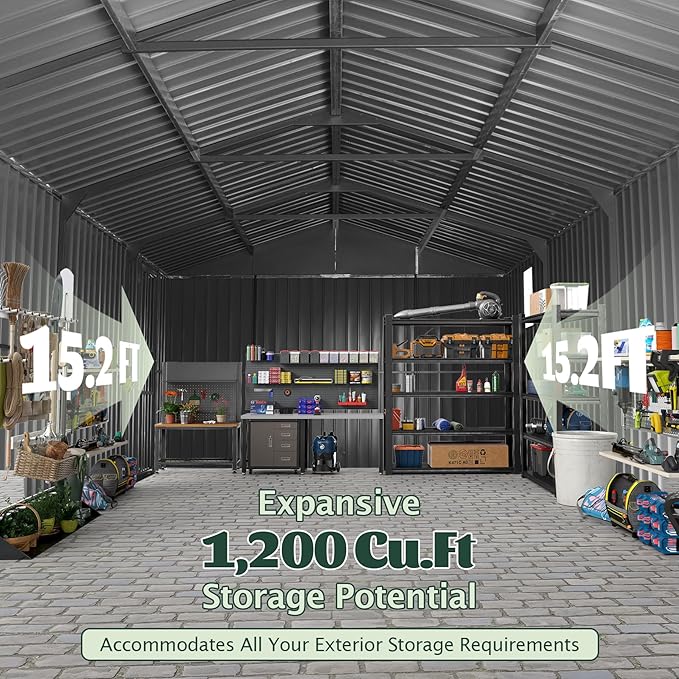 12x15FT Metal Storage Shed, Metal Garage Shed or Heavy Duty Carport, Lockable Double Hinged Doors, Extra Large Car Shelter for Car Truck Motorcycle Lawn Equipment, Wind Resistant