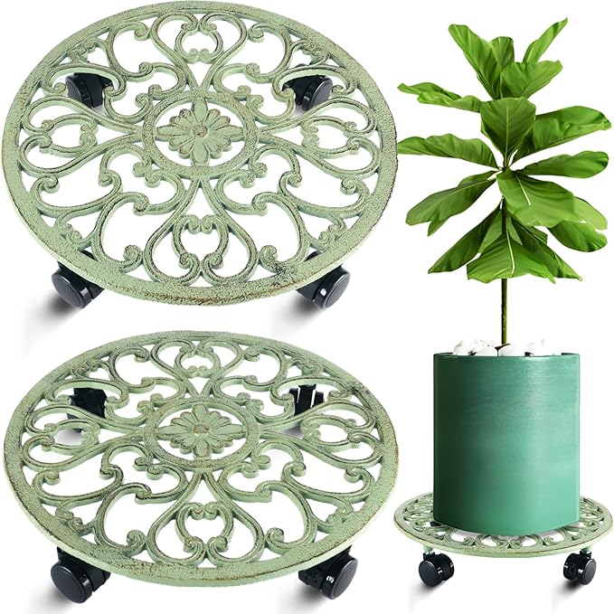 2 Packs 14 Inch Rolling Plant Stand with Wheels Metal Plant Caddy with Wheels Heavy Duty Round Plant Stand Indoor Iron Plants Rollers for Plants, Plant Dolly Retro Green