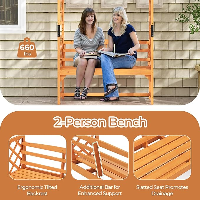 Happygrill Patio Garden Arbor with Bench, Garden Arch Trellis w/Pergola & Side Trellises for Climbing Plants Vines Grapes, 2-Seat Wooden Outdoor Bench, Garden Archway for Wedding Party Backyard