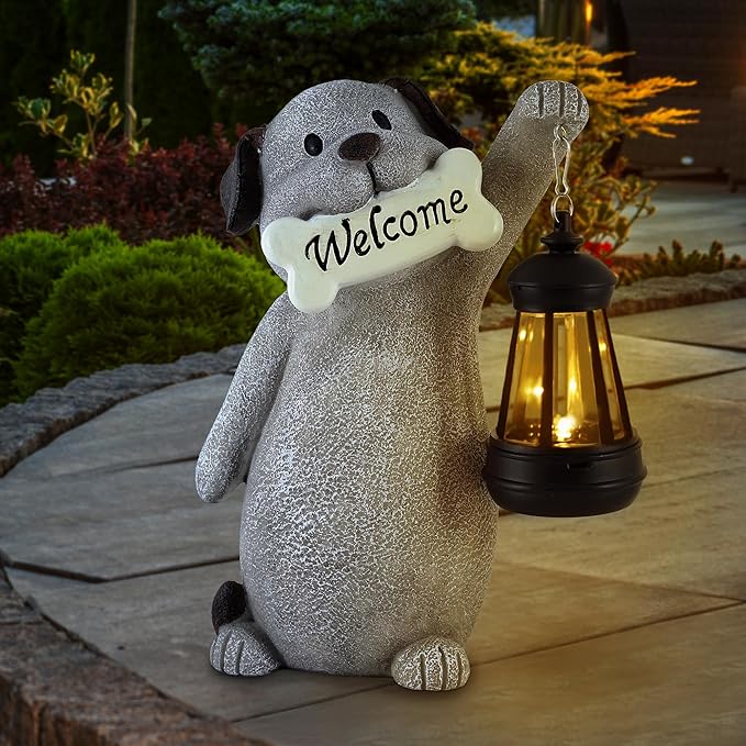 Solar Dog Garden Statue with Lantern Light – 9.2in Outdoor Dog Figurine for Yard Patio Garden Decor, Cute Memorial Gift for Women Mom