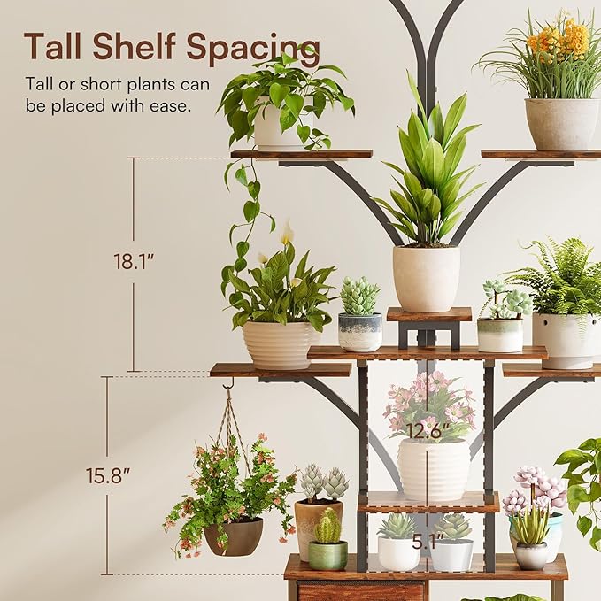 Tree-shaped 63" Tall Plant Stand Indoor with Grow Light 3 Color Modes - 10 Tiered Plant Shelf with Drawer, 10 Brightness Levels, Timer, Wide Base, Lighted Corner Plant Stands for Living Room, Balcony
