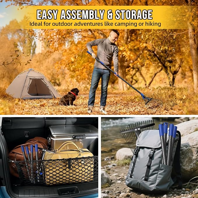 Adjustable Leaf Rake, Heavy Duty Metal Rake for Leaves, Long Handle 30"-75" with Expandable Head 8"-17", Collapsible Small Rakes for Lawns, Gardening, Yard, Camping, Shrub, Grass, Bush, Weed, Debris
