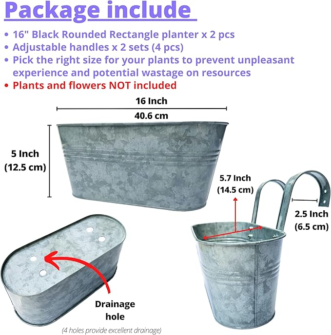 LaLaGreen Outdoor Plants Rail Planter (16 Inch, 2 Pack) Silver Metal Iron Hanging Flower Pot Deck Railings Fence Bucket Modern Boho Style Wall Mount Window Box Plant Wall Hanger Hooks Porch Home Decor