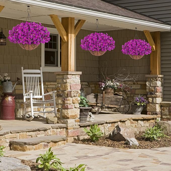 Artificial Fake Hanging Flowers Plants Basket for Outdoors Spring Summer Decor, Faux Silk Bougainvillea in Planter Look Real UV Resistant Faux Flower for Outside Porch Patio Garden Home Decor, Purple