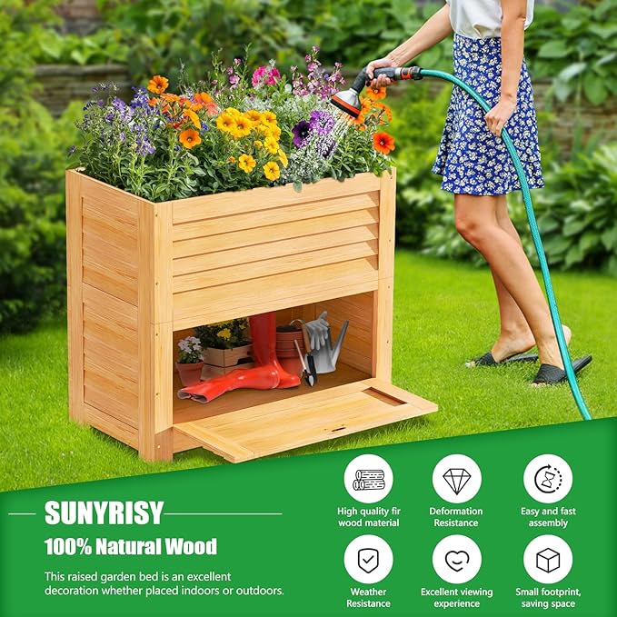 SUNYRISY Wooden Raised Garden Bed with Storage Box, 34" L x 18" W x 30" H Elevated Large Planter Box for Planting Herb Vegetable Flower Outdoor Indoor, Wood