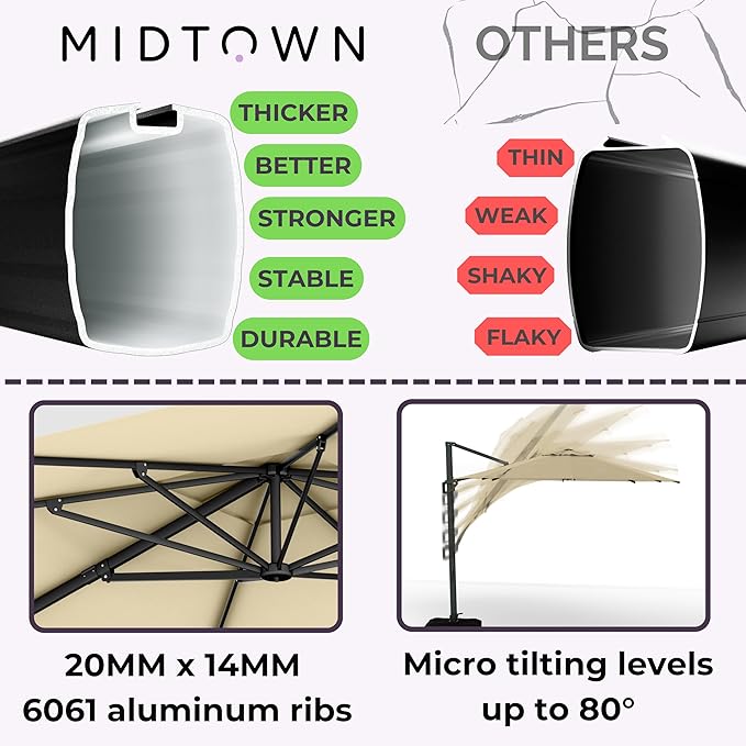 Midtown Umbrellas 10 Ft Outdoor Cantilever Patio Umbrella w/Terylast Chestnut Beige Fabric - Tilt 360° Offset Patio Umbrella, Deck Patio Umbrella, Backyard Umbrella & Garden Umbrella - Black Frame