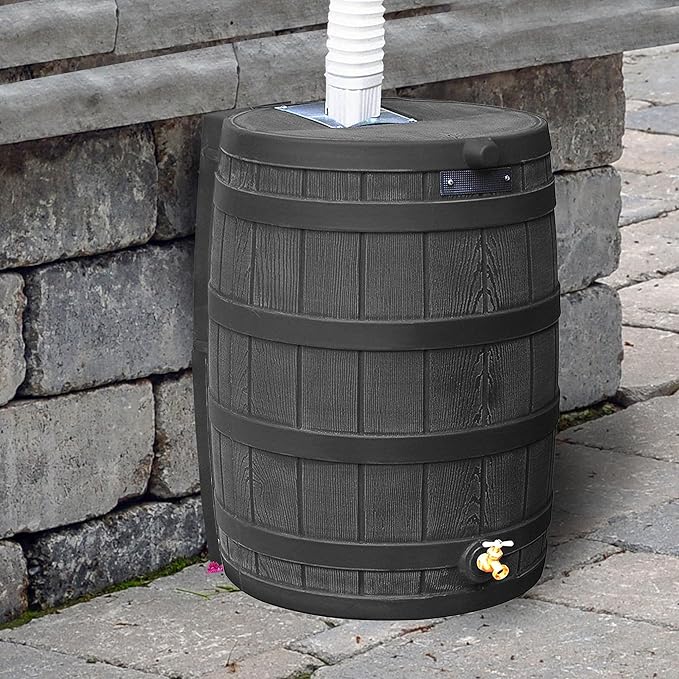 Good Ideas Rain Wizard 50 Gallon Plastic Outdoor Home Rain Barrel Water Storage Collector with Brass Spigot and Flat Back Design, Oak (3 Pack)