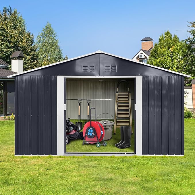 11.2x10.6 FT Outdoor Storage Shed Galvanized Metal Tool Shed with Window and Sliding Door,Waterproof Garden House w/Punched Vents & Locks,for Patio,Lawn,Backyard,Grey