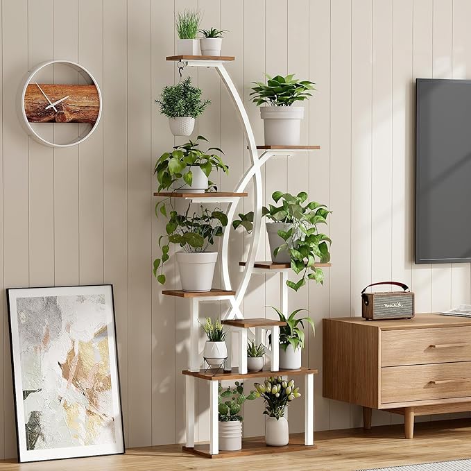 Plant Stand Indoor,8-Tier 65 inch Tall Plant Shelf for Indoor Plants with Grow Light, Plant Shelf with Adjustable Brightness & Timer,Modern Metal Plant Display Rack for Living Room/Patio(white)