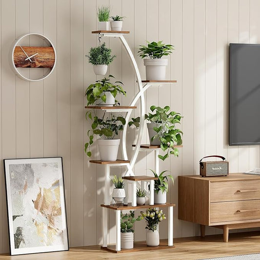 Plant Stand Indoor,8-Tier 65 inch Tall Plant Shelf for Indoor Plants with Grow Light, Plant Shelf with Adjustable Brightness & Timer,Modern Metal Plant Display Rack for Living Room/Patio(white)