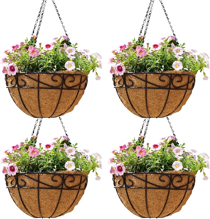 Outdoor Metal Hanging Planters Basket (4pack, 12 inch) Hanging Baskets for Plants Chain Round Wire Plant Holder with Coco Fiber Liners for Garden, Patio, Deck, Porch(Flower Border)