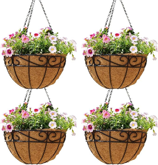Outdoor Metal Hanging Planters Basket (4pack, 12 inch) Hanging Baskets for Plants Chain Round Wire Plant Holder with Coco Fiber Liners for Garden, Patio, Deck, Porch(Flower Border)