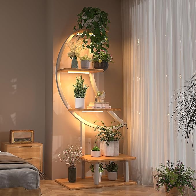 YOLENY Indoor Plant Stand with Grow Lights, Tall Corner Shelf for Multiple Plants, 47" Metal Rack with Hanging Hook for Living Room, Balcony, Patio