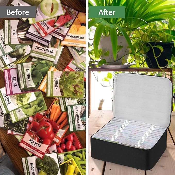 38 Slots Seed Storage Organizer Box with Insulated Bag That Holds 80-200 Seed Envelopes, Oxford Cloth Garden Seed Containers with Labels, Seed Packet Organizer for Plant, Flower ,Vegetable Seeds