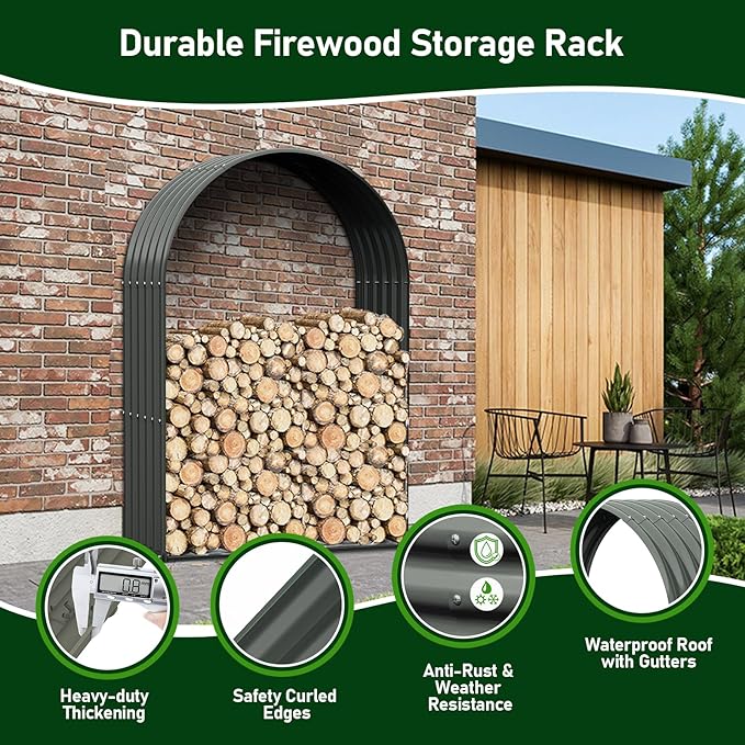 ANLEOLIFE Galvanized Steel Firewood Rack with Weatherproof Corrugated Roof (Shed-Style Log Storage), Heavy Duty Outdoor Log Holder, Rust Resistant, Arch Gray, 18"D x 36"W x 54"H
