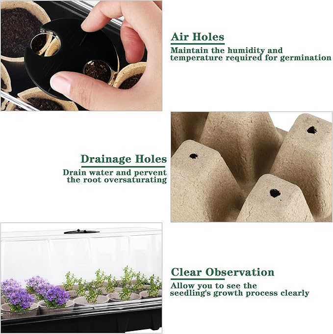 4 Pack Seed Starter Tray Set Plants Growing Trays Peat Pots for Seedlings with Seed Starter Pots, Plastic Germination Tray, Plant Labels, Tool for Flower Vegetable Planting, Black