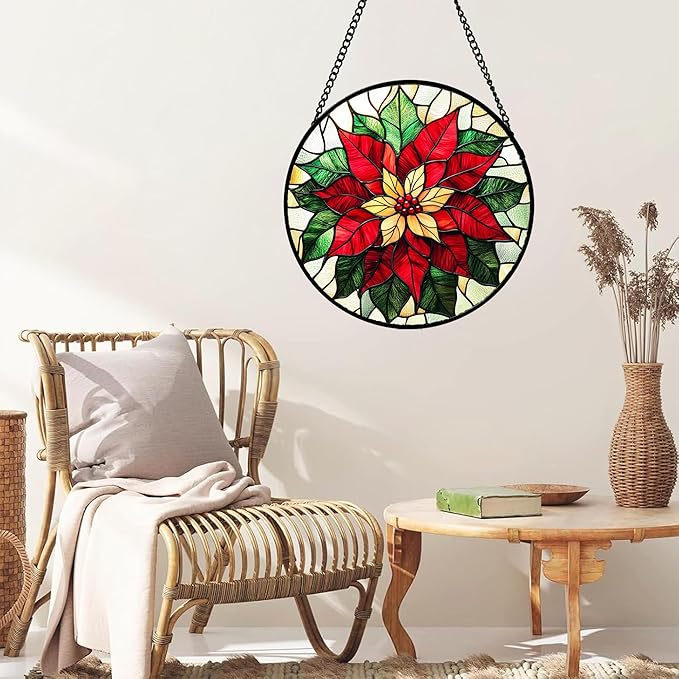 Stained Glass Window Hanging - Red Poinsettia Birth Flower Sun Catcher for Door Garden Home Decor Suncatcher Christmas Mother's Day Birthday Gifts for Women Men Mom Girl Nana Friend 15 in
