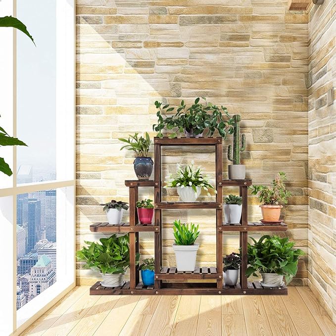 Giantex Flower Rack Wood Plant Stand Wood Shelves Bonsai Display Shelf Indoor Outdoor Yard Garden Patio Multifunctional Storage Rack Bookshelf W/Hollow-Out Rack (47.5”Lx 10’’Wx 38’’H (6 Tier))