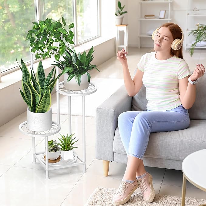 4 Tier Plant Stand Indoor Outdoor, Metal Flower Shelf Display Holder, Multiple Plants Corner Tall Flower Holders for Patio Balcony Porch Garden Living Room (White)