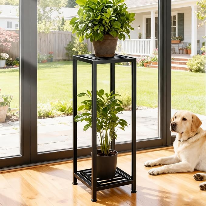 Plant Stand Indoor Outdoor, 41'' Tall Wrought Iron Plant Stands, 2 Tier Heavy Duty Metal Pedestal Stand Decorative Flower Stand for Patio Garden Deck Living Room