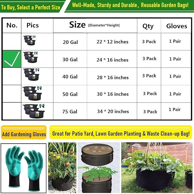 3-Pack 30 Gallon Thickened Plant Grow Bags Large (24x16 in) Heavy Duty Garden Bag Fabric Plant Pots for Tomato,Potato Planter,Flower Pots,Herbs Veggies Planting,Barrel Planter,Yard Waste Bag,Leaf Bags