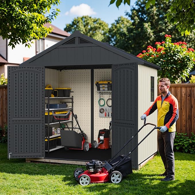 Greesum 8×6 FT Plastic Outdoor Storage Shed with Floor, Resin Sheds with Window and Lockable Door, Weather Resistant Organization for Garden, Lawn, Pool Supplies, Beige