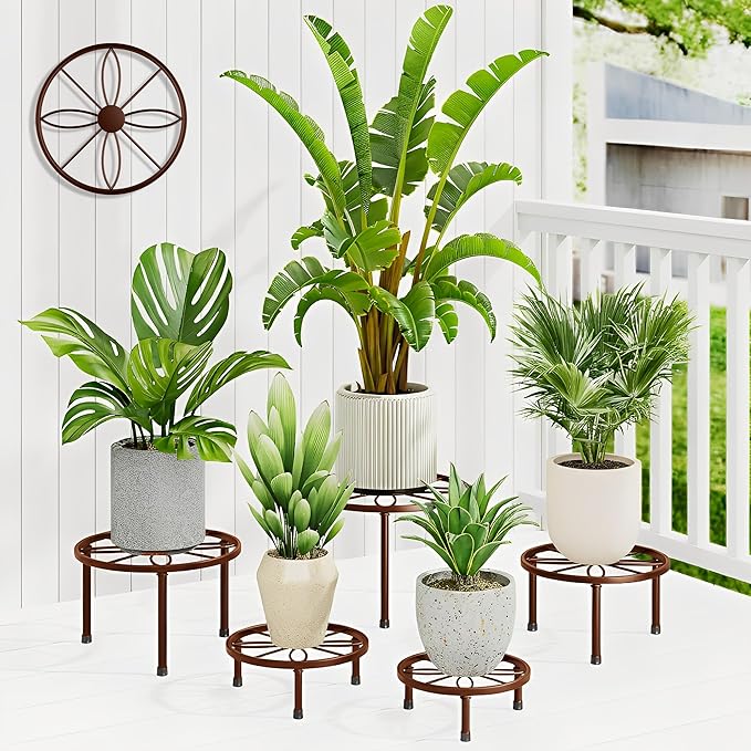 5 Pack Metal Plant Stand Indoor,Anti-Rust Iron Plant Pot Shelf for Planter Outdoor,Heavy Duty Flower Pot Stands for Multiple Plant,Black Potted Plant Holder for Home(BrownLeaf)