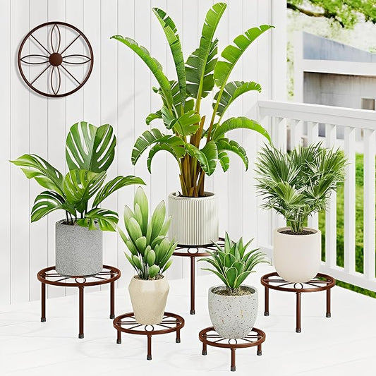 5 Pack Metal Plant Stand Indoor,Anti-Rust Iron Plant Pot Shelf for Planter Outdoor,Heavy Duty Flower Pot Stands for Multiple Plant,Black Potted Plant Holder for Home(BrownLeaf)
