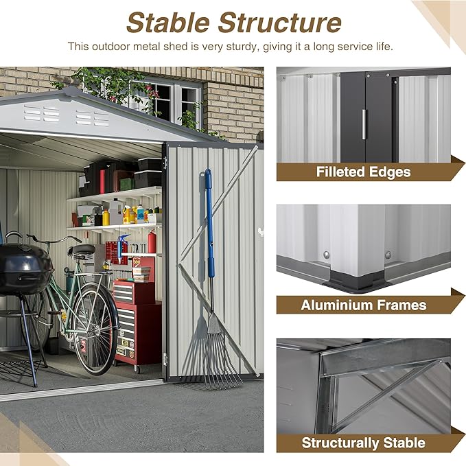 6x8 FT Outdoor Storage Shed, Metal Garden Shed with Lockable Hinged Doors, Outside Tool Shed with Sloped Roof & 4 Air Vents, Waterproof Storage Building for Backyard, Patio, Lawn, White