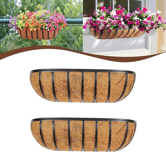 2 Pcs 36“ Railing Planter Window Box Deck Railing Planter Boxes with Coco Liner English Horse Trough Planters Metal Wall-Mounted Planters Basket for Outdoor Balcony Porch Fence Patio Rail