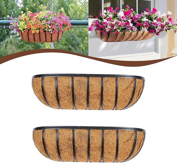 2 Pcs 24“ Railing Planter Window Box Deck Railing Planter Boxes with Coco Liner English Horse Trough Planters Metal Wall-Mounted Planters Basket for Outdoor Balcony Porch Fence Patio Rail