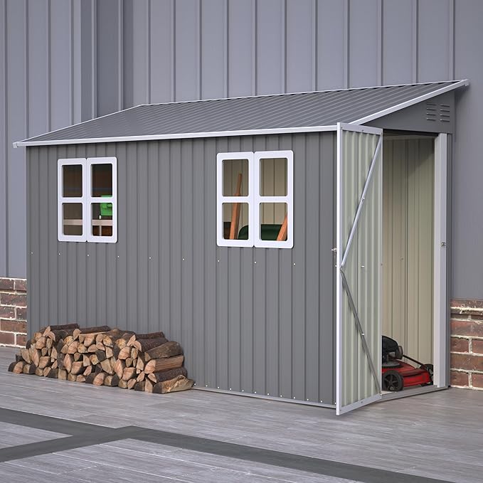 4X10 FT Outdoor Storage Shed W/ 2 Windows & Floor Frame,Lean to Shed W/Reversible Installation,Metal Garden Tool House W/Air Vents,Lockable Door & Sloped Roof,for Backyard Patio Lawn,Gray