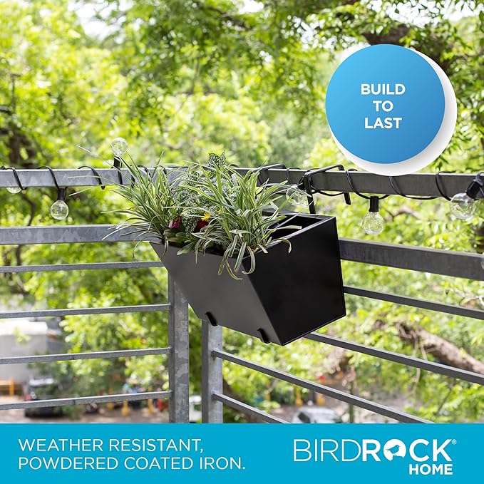 BIRDROCK HOME 2pk Metal Railing Planter Box | Flower Boxes for Deck Railings | Adjustable Rail Hanging Bracket | Black Balcony Boxes | House Apartment Plant Pot