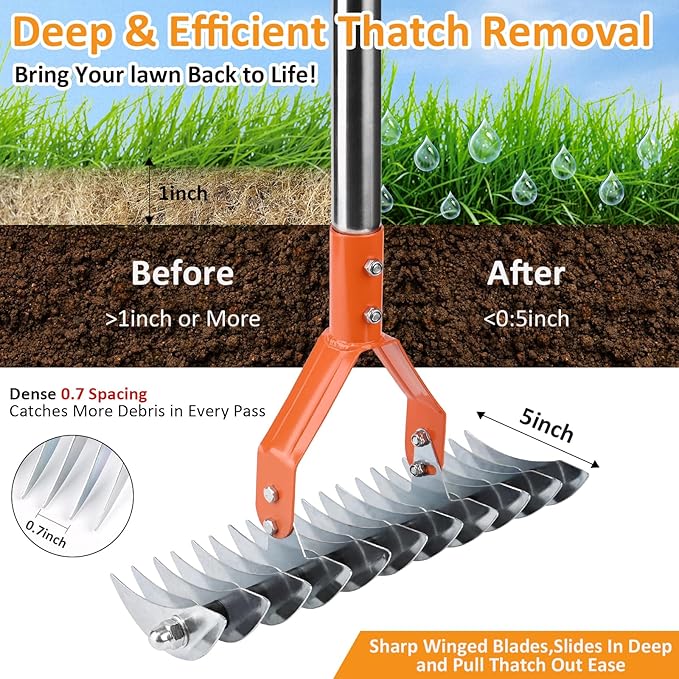 Thatch Rake -15 Inch Dethatcher Rake with Adjustable Handle, Efficient Steel Metal Gass Rakes with Handle,Heavy Duty Thatching Rakes for Lawn,Garden, Yard