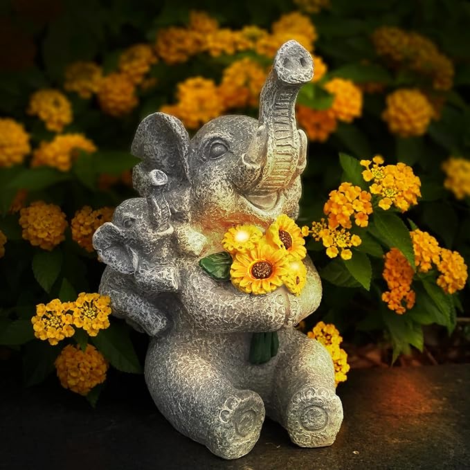 Elephant gifts for Women, Solor Garden Statue, Elephant and Sunflower Figurine with Lights, Outdoor Decorations for Yard Backyard Patio Porch, Gifts for Mom Daughter Grandma Friend Gardener