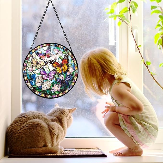 Stained Glass Window Hanging, Colorful Butterfly Suncatcher for Doors Home Sun Catchers Decoration and Christmas, Mother's Day Birthday Gifts for Women, Men, and Mom 11.8x11.8 in