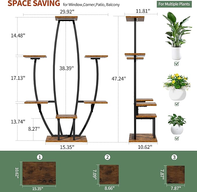JUSTOGO Plant Stand Indoor with Grow Lights - 7 Tiered Large Plant Shelf, 47" Corner Shelf for Indoor Plants Multiple, Metal Flower Holder Curved Display Rack for Living Room, Home Decor, Patio