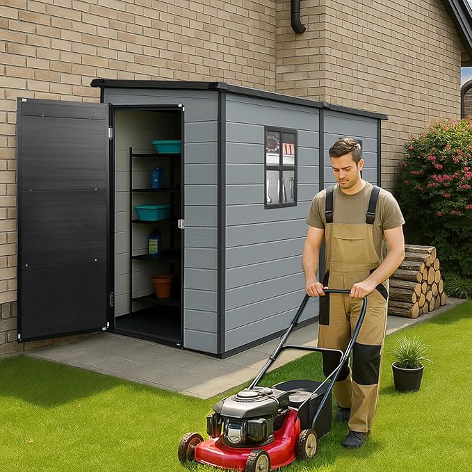 4x8ft Lean to Shed, Resin Outdoor Storage Shed with Floor and 2 Windows, Plastic Sheds & Outdoor Storage Clearance for Patio Furniture, Garden Tools Bike Accessories, Beach Chairs, Black+Grey