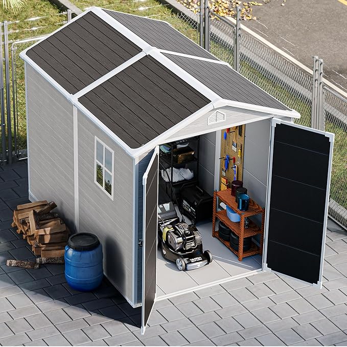 Plastic Sheds 6x8 Shed Resin Outdoor Storage with Floor Included, All-Weather Lockable Garden Tool Storage Cabinet