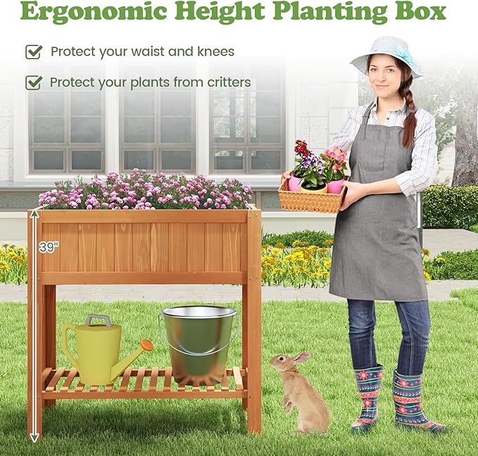 2-Tier Elevated Garden Planter Bed, Fir Raised Garden Bed Outdoor with Legs & Storage Shelf for Vegetables, Flowers & Herbs, Wooden Planter Box Raised Bed for Gardening, Balcony & Porch