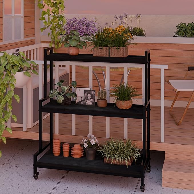 Plant Stand Indoor with Wheels 37” H, Rolling Plant Shelf Rack Outdoor,Metal Plant Stands with Solid Wood for Multiple Plants,Industrial Ladder Plant Flower Shelf for Garden,Living Room,Black