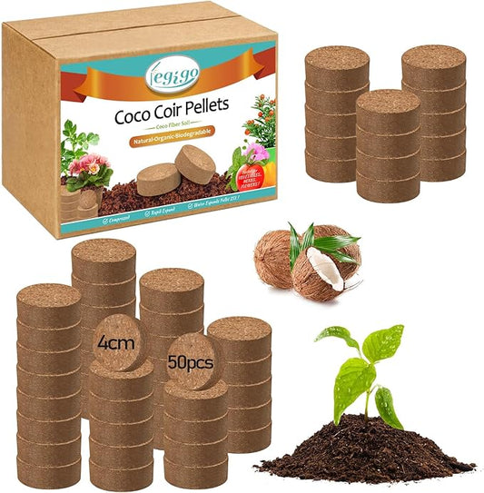 Legigo 50 Pcs 40mm Coco Coir Pellets Seed Starter Soil Mix- Organic Coconut Coir Potting Soil Pods for Seedling, Coco Peat Soil Discs for Indoor & Outdoor Plants Bonsai Herbs Vegetables and Flowers