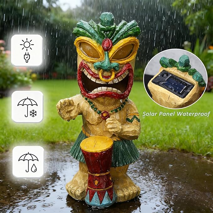 Solar Tiki Garden Statue with LED Eyes Outdoor Polynesian Drummer Hawaiian Party Decor Solar Light Ornament for Patio Porch Lawn Tiki Bar or Tiki Lover Funny Stocking Stuffers Gifts